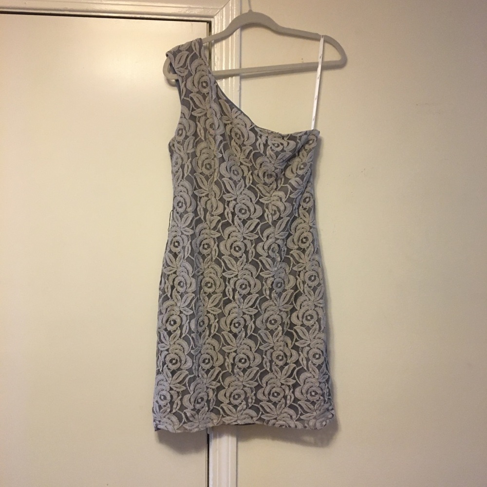 NWOT One-Shoulder Gray Lace Dress